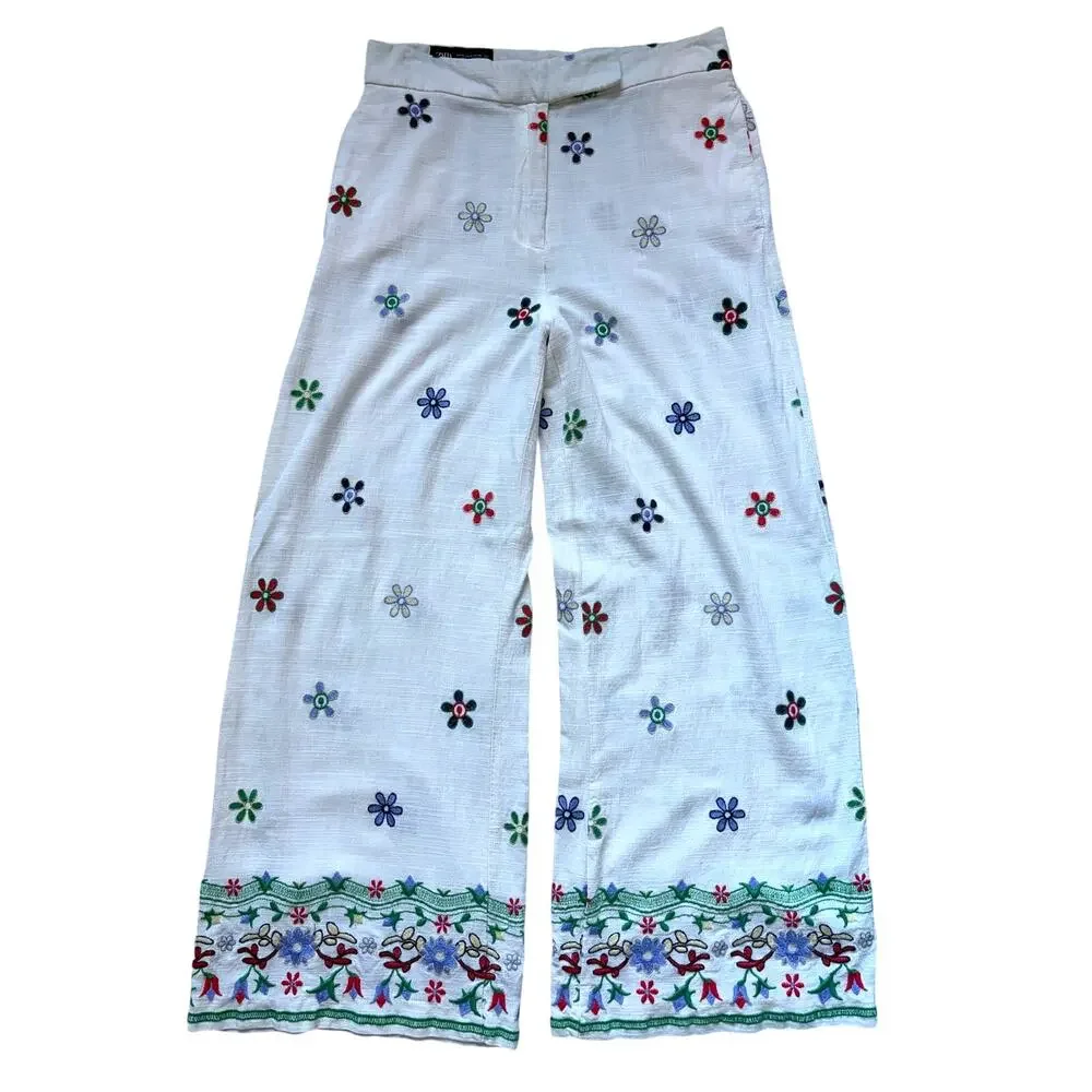 Zara White Wide-Leg Linen Pants with Floral Embroidery -too big for me 😔